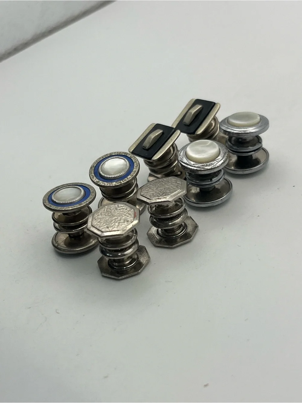 Art Deco silver tone snap link cufflinks vintage set of 4 embossed design